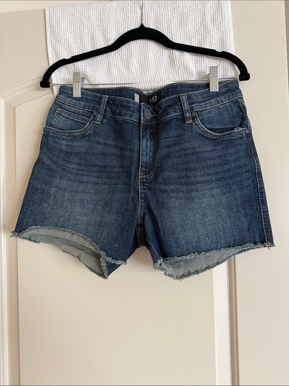Kut from the Kloth Medium Blue Frayed Hem Denim Shorts